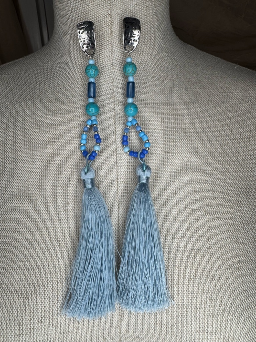 Free People Blue Beaded Tassel Statement Earrings |